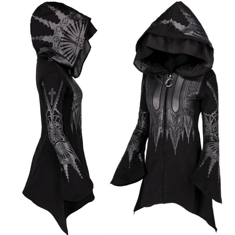 Women's Punk Black Hooded Graphic Sweatshirt Halloween Cosplay
