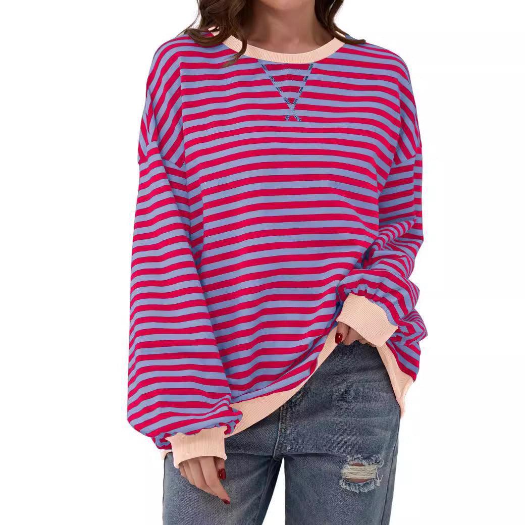 Casual Striped Round Neck Long Sleeve Slim Pullover Top