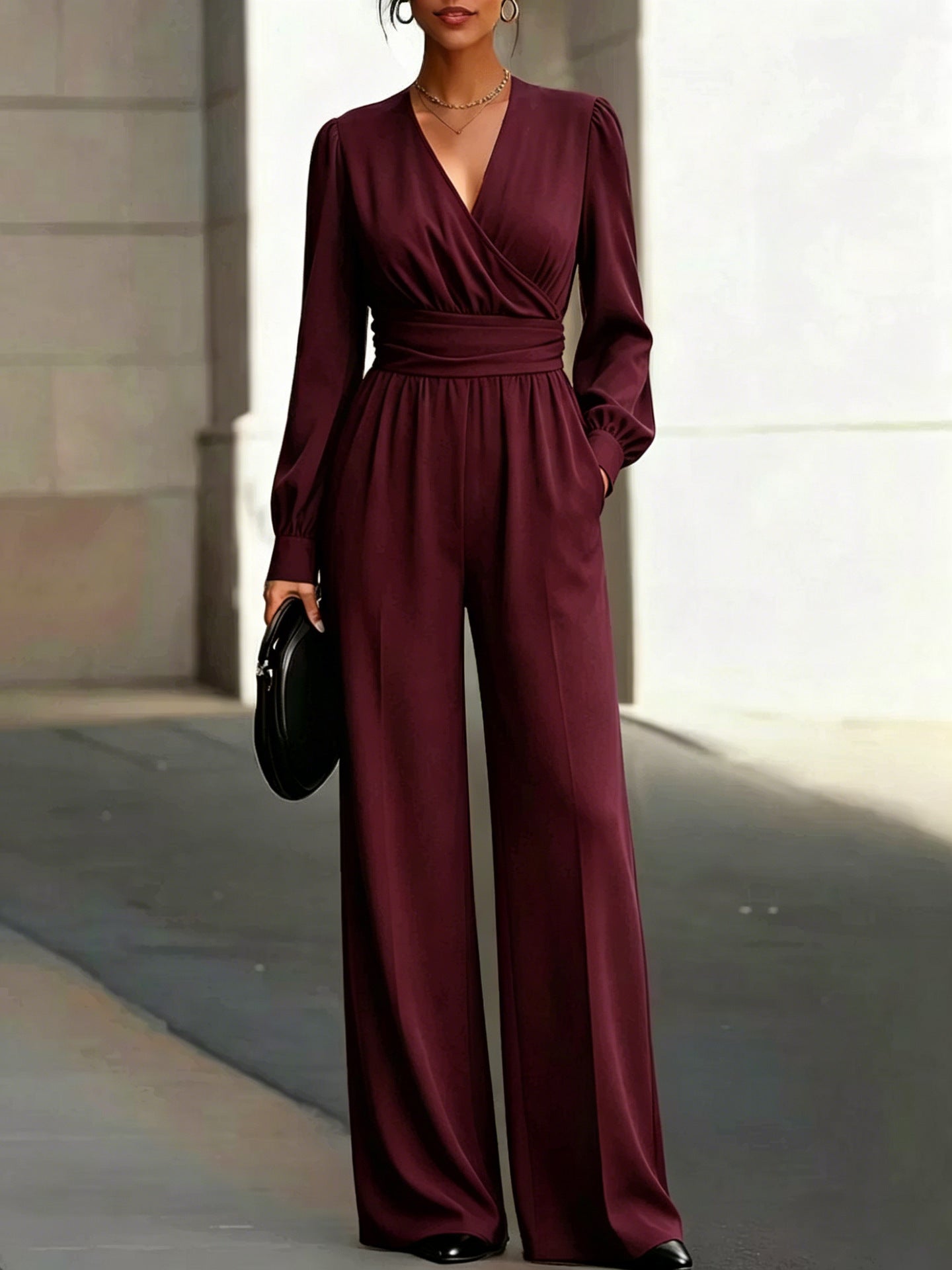 Elegant Long-Sleeve V-Neck Jumpsuit with Fitted Waist