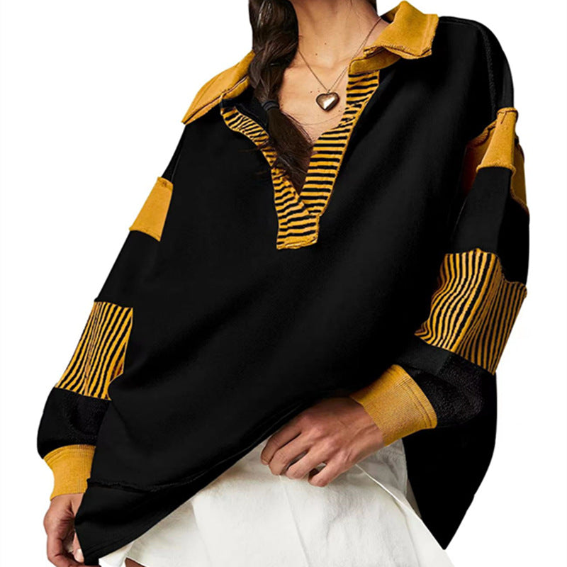 Chic V-Neck Colorblock Long Sleeve Split Hem Casual Sweater