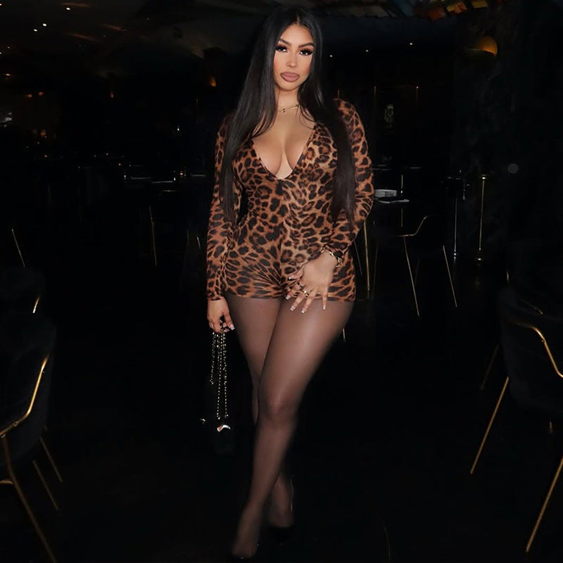 Leopard Print V-Neck Stretch Sexy Jumpsuit