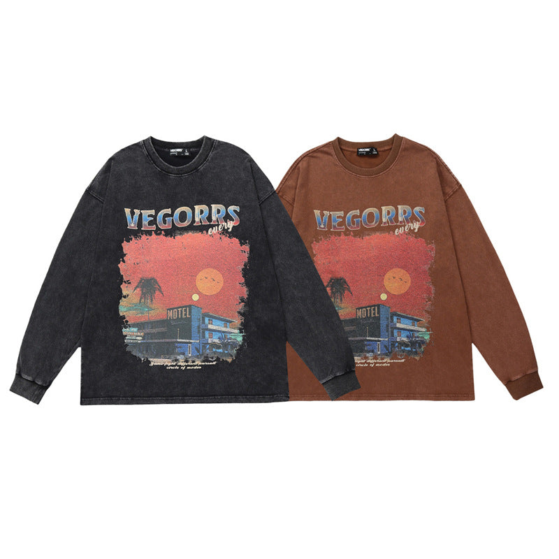 Vintage Washed Letter Print Cotton Crewneck Sweater