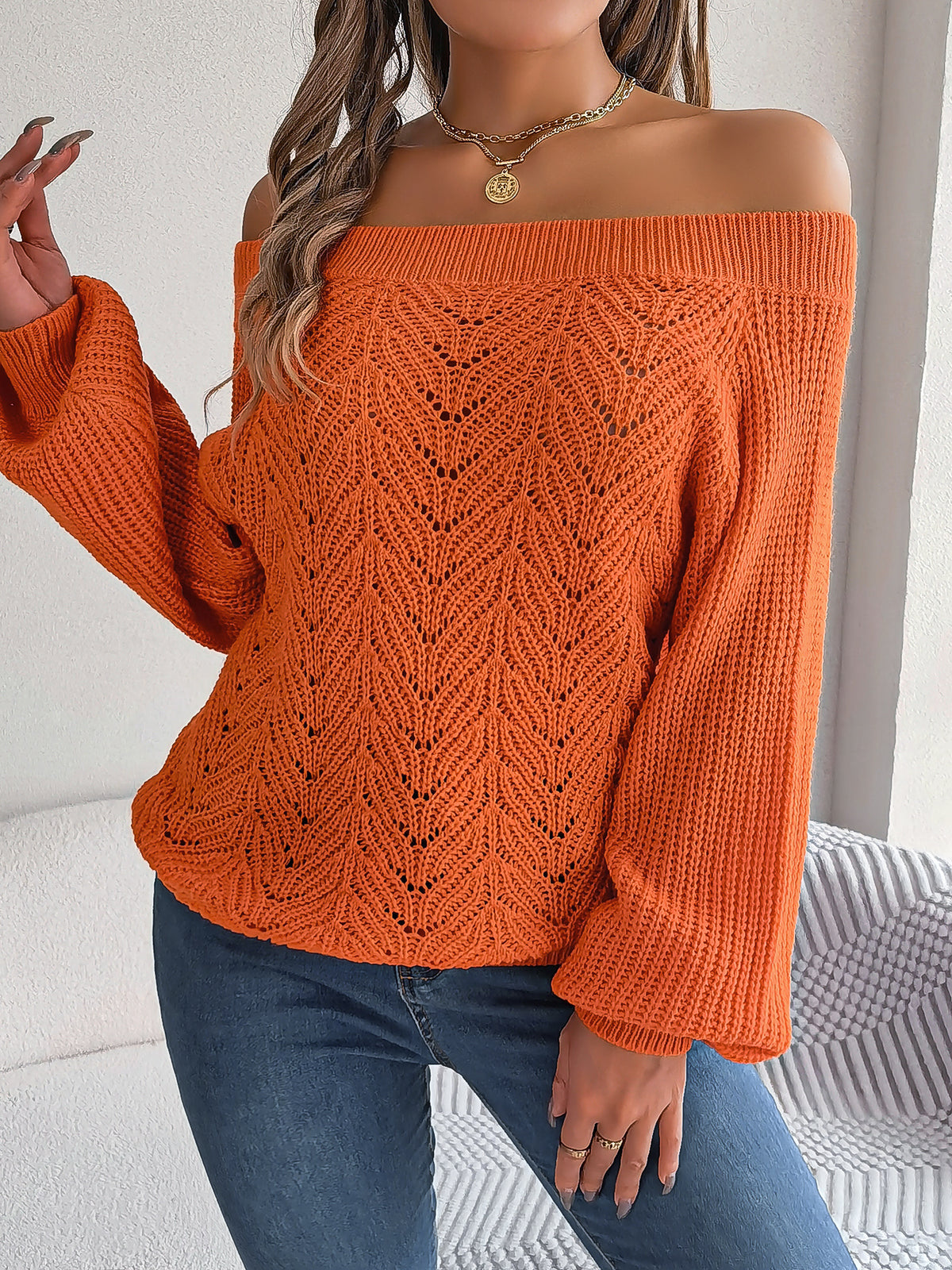 Casual Solid Color Hollow Out Off-shoulder Lantern Sleeve Sweater