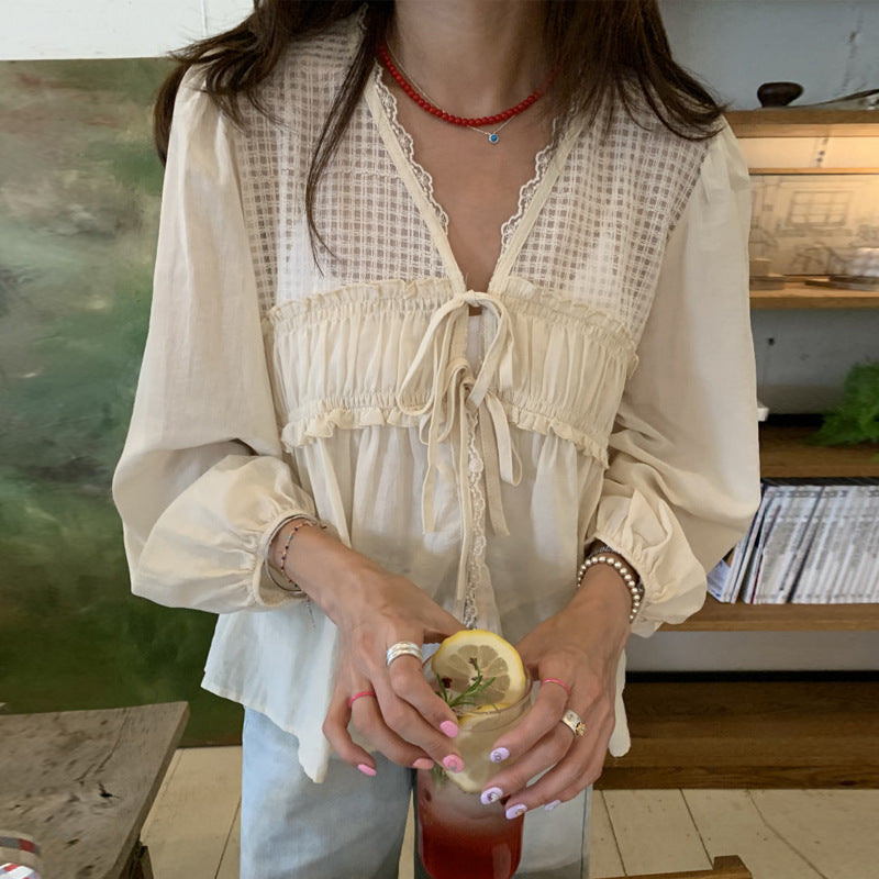 New Retro Elegant V-neck Mesh Wooden Ear Stitching Tied Loose All-matching Shirt Women