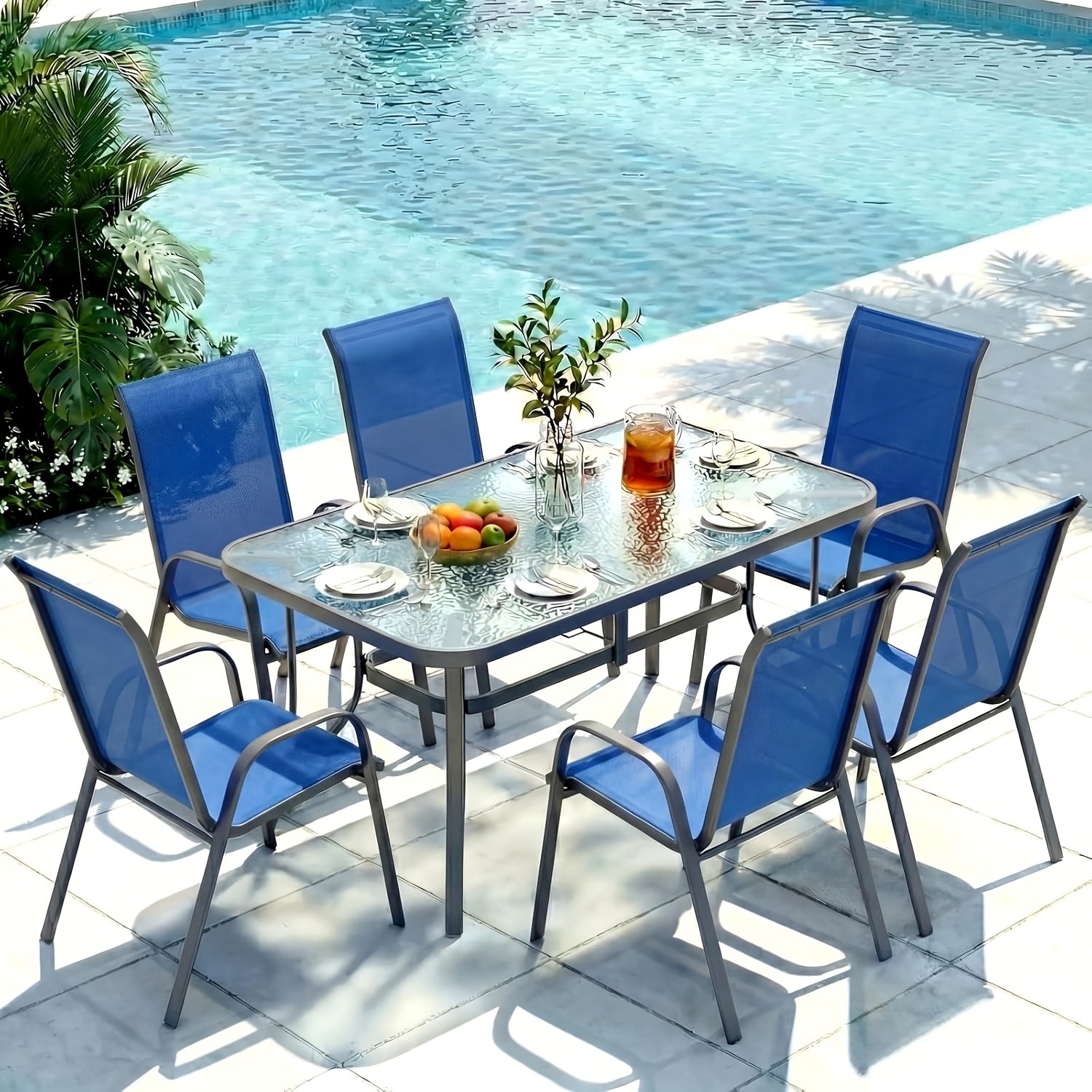 [All Weather Patio Set] Patio Dining Set for 6, Outdoor Table And Chairs W/ 1.69" Umbrella Hole, 30" X 55" Table And Stackable Textilene Chair, All Weather Patio Furniture Set (Umbrella Not Included)