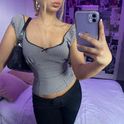 Plaid Sexy V-Neck Slim-Fit Off-the-Shoulder T-Shirt With Zipper And Elastic Bow