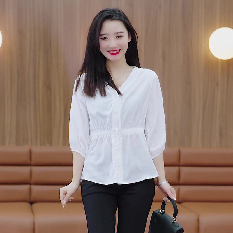 Women's Casual Simple Waist Cinched Seven Quarter Sleeve Shirt