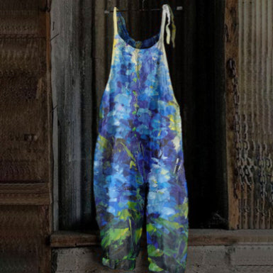 Women's Printed Street Hipster Fashion Multi-color Cotton And Linen Suspender Jumpsuit