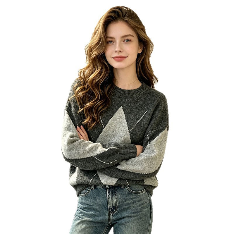 Fallwinter Color-block Diamond-pattern Jacquard Crew-neck Sweater