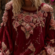 Women's Vintage Rose Print And Floral Applique Embroidery Casual Crew Neck Shirt