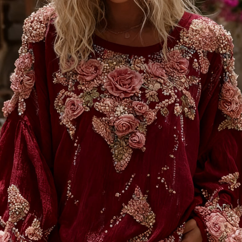 Women's Vintage Rose Print And Floral Applique Embroidery Casual Crew Neck Shirt
