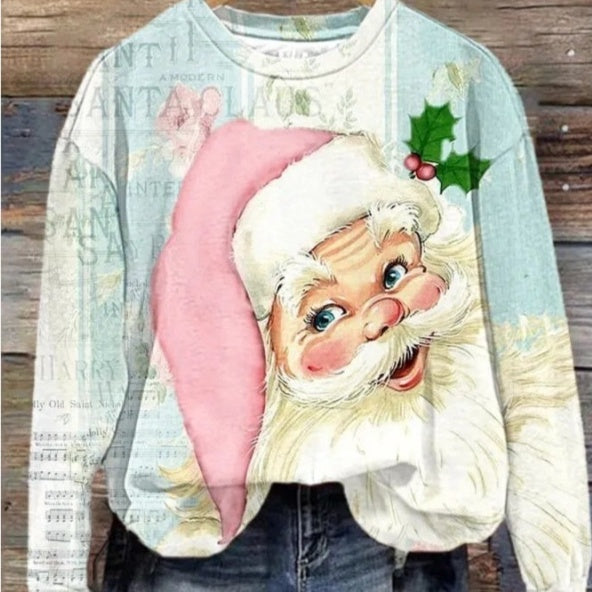 Women's Printed Round Neck Autumn Winter Pullover Sweater Top