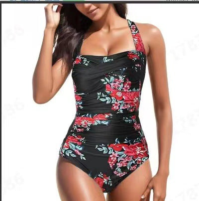 Retro Floral Backless Pleated One-Piece Swimsuit