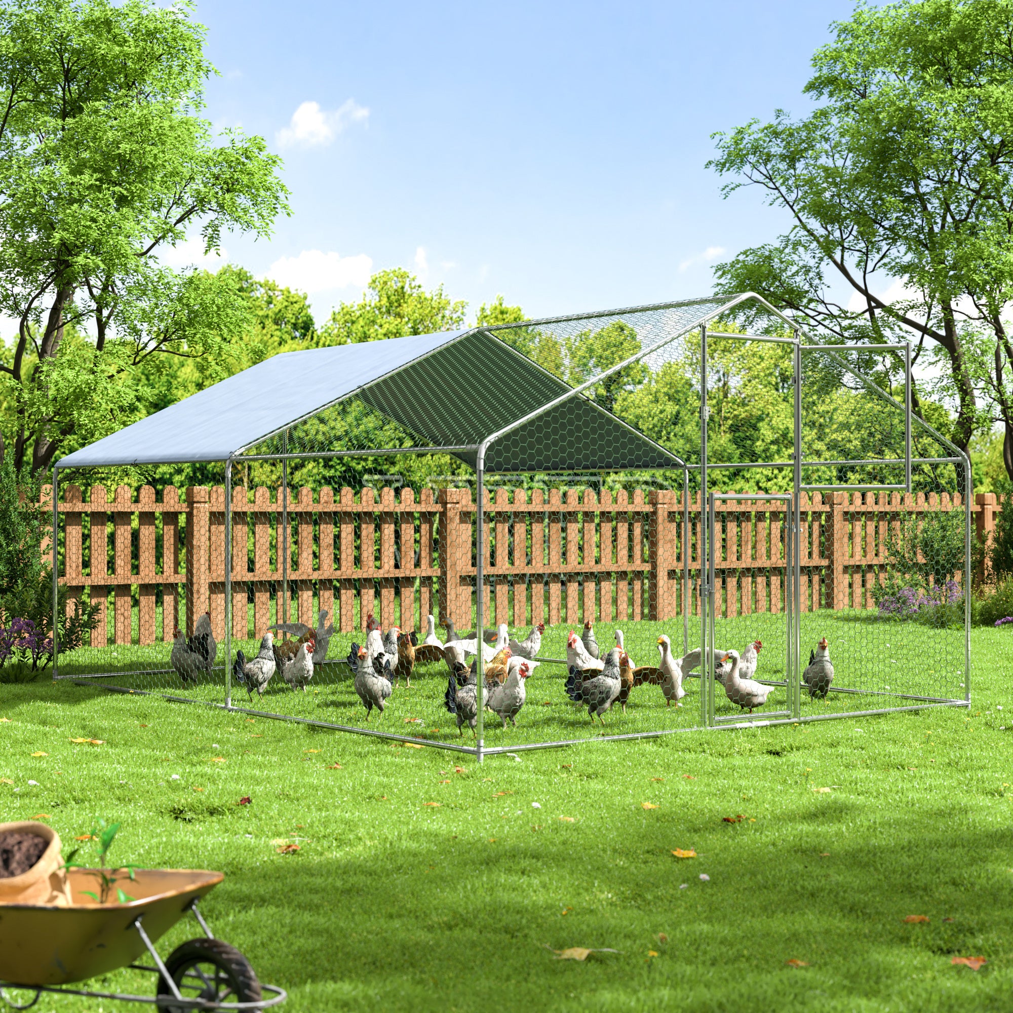 Metal Walk-in Chicken Coop – 7 ft, 13 ft, 20 ft, 26 ft, 33 ft, and 40 ft Options – Double Door with UV-Protection Cover