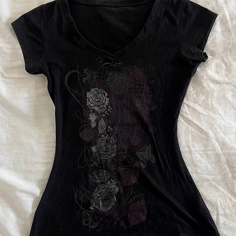 Slim-Fit Printed T-Shirt – Short Sleeve, Fitted Waist, Black