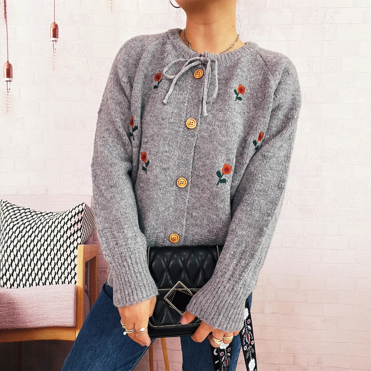 Flower Embroidery Bow Bandage Knitted Cardigan Single-breasted Sweater