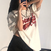 Chic White Letter Print Half Sleeve Top