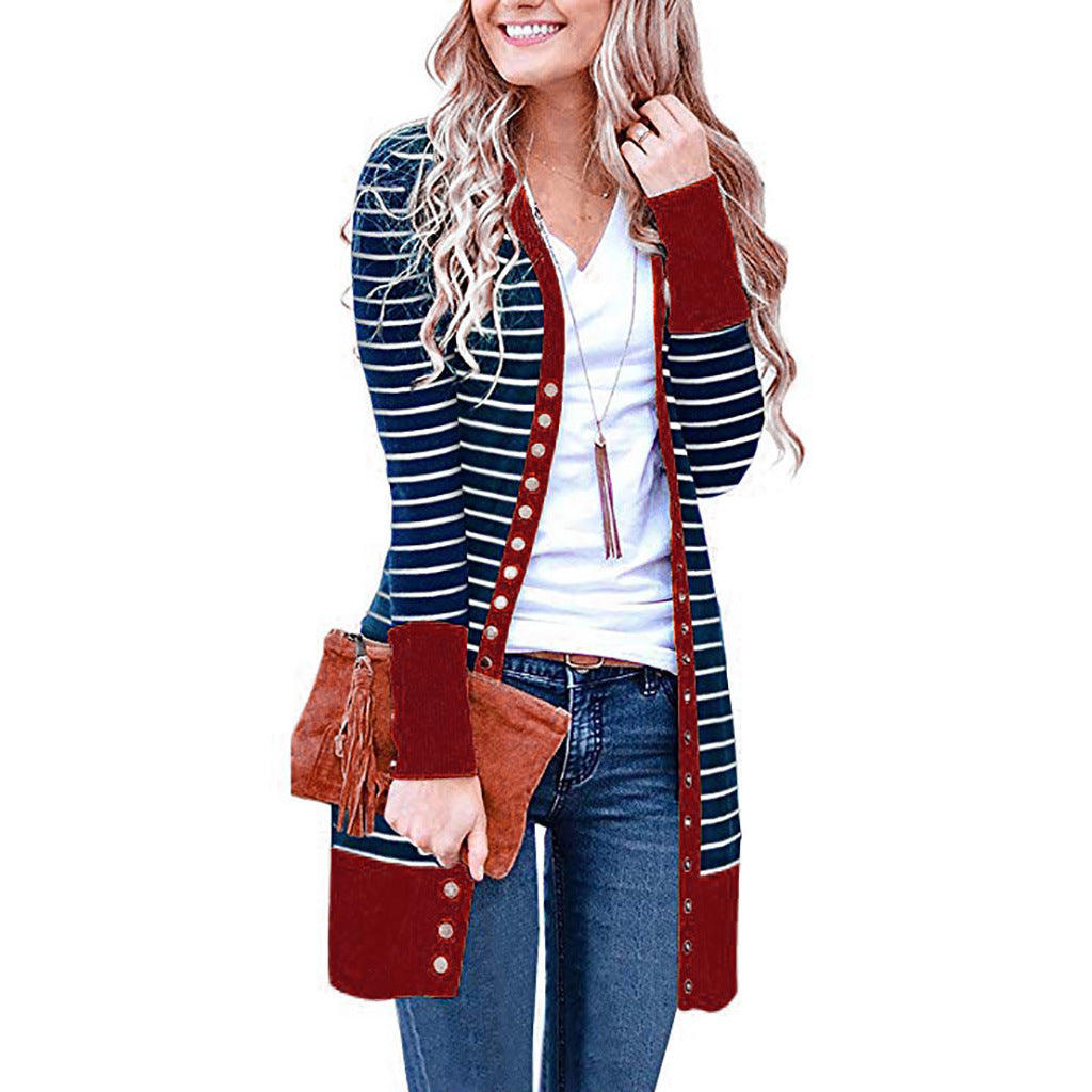 Plus Size Striped Mid-Length Cardigan Sweater