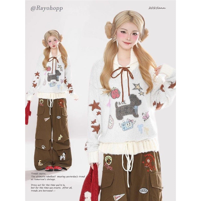 Sweet Puppy Embroidery Sweater Coat for Women Relaxed-style Knitted Top