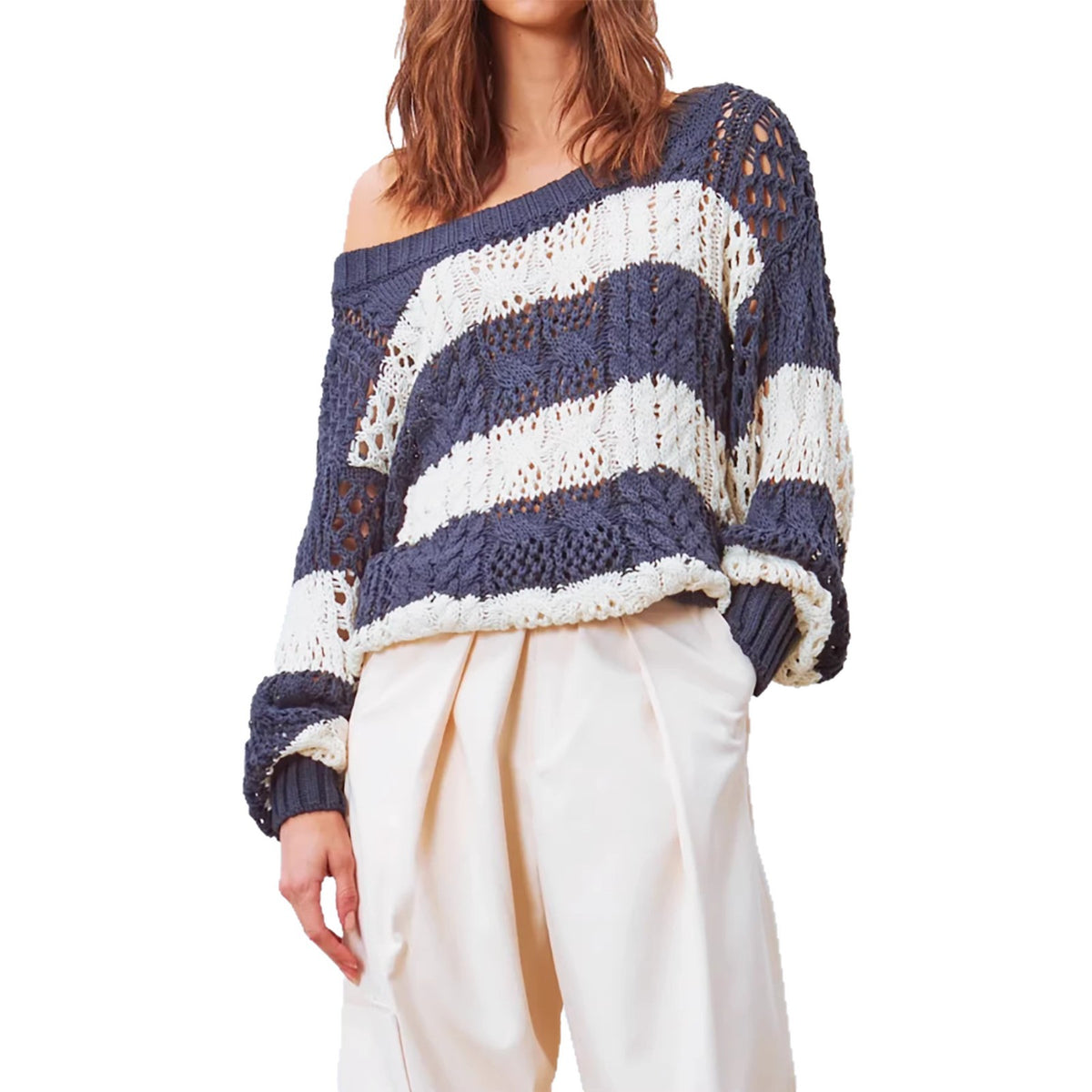 Womens Knitted Sweater with a Round Neck Long Sleeves and a Striped Hollow-out Design