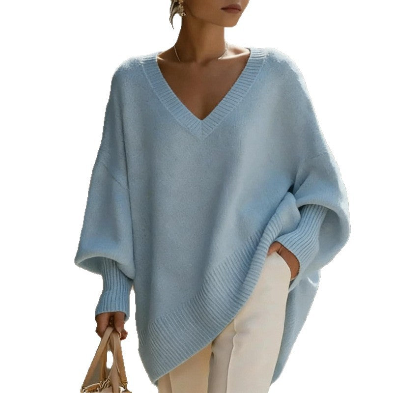 Womens Solid-color Fashionable Loose-fitting Pullover with Puff Sleeves and a V-neck