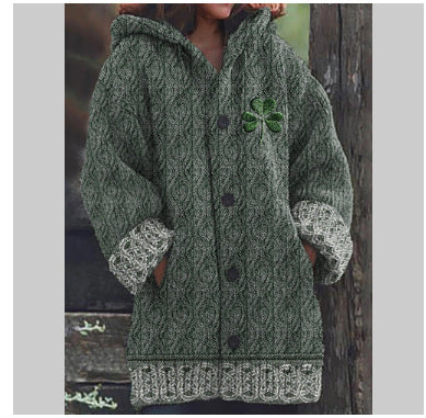 Casual Autumn Winter Womens Round-neck Loose Long Sweater Coat with Skin-friendly Digital Print