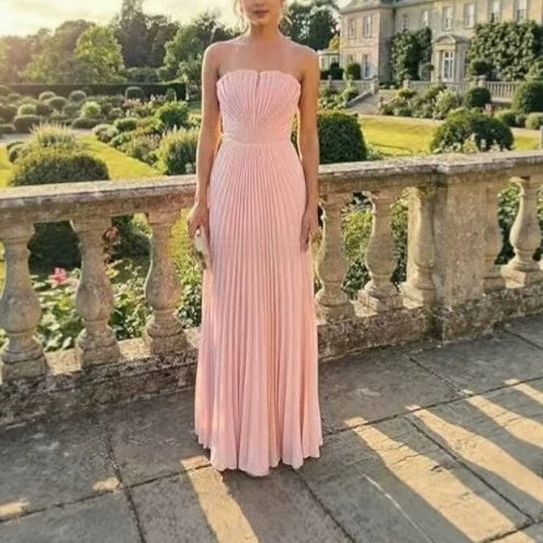 New European and American Style Strapless Pleated Figure-flattering Dress