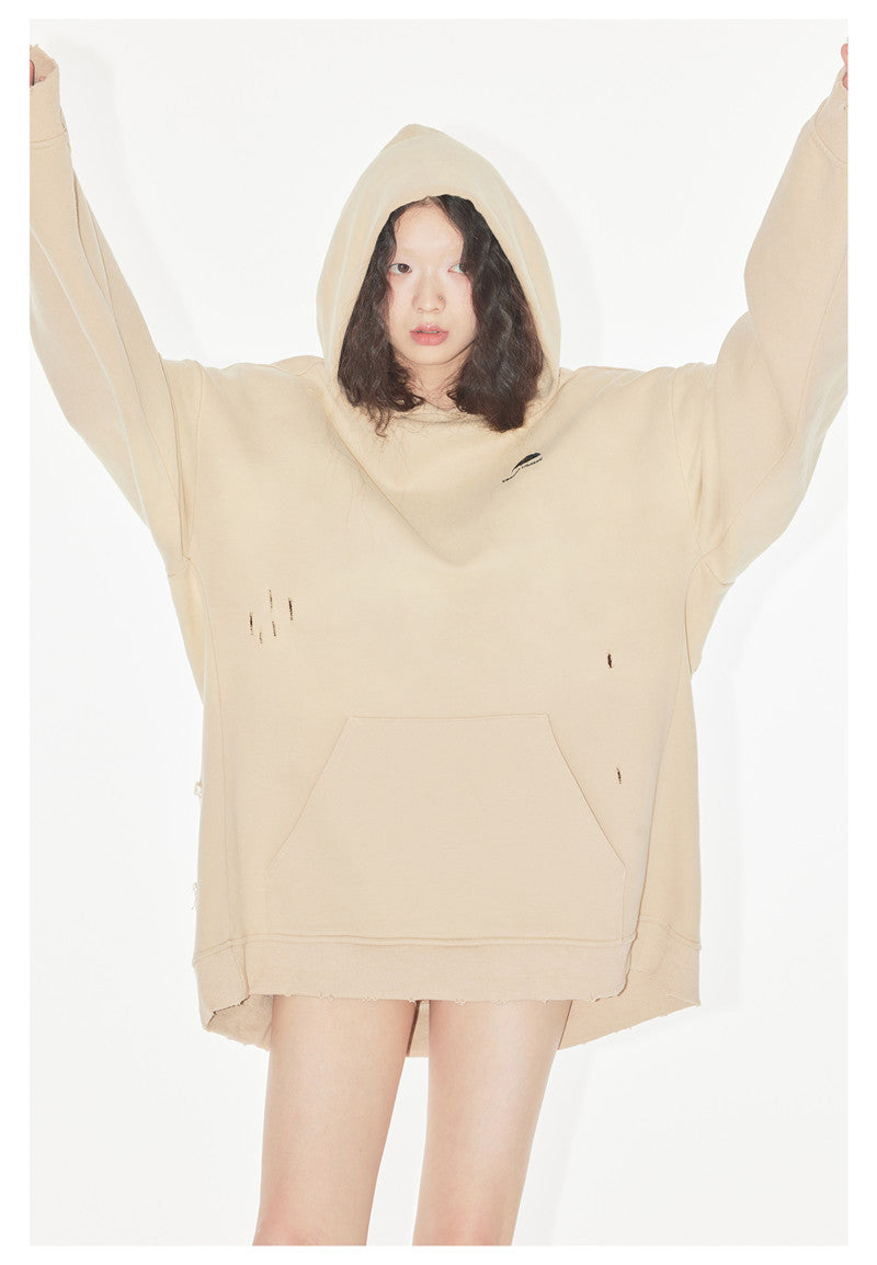 Cozy Distressed Loose Cotton Pullover Hoodie