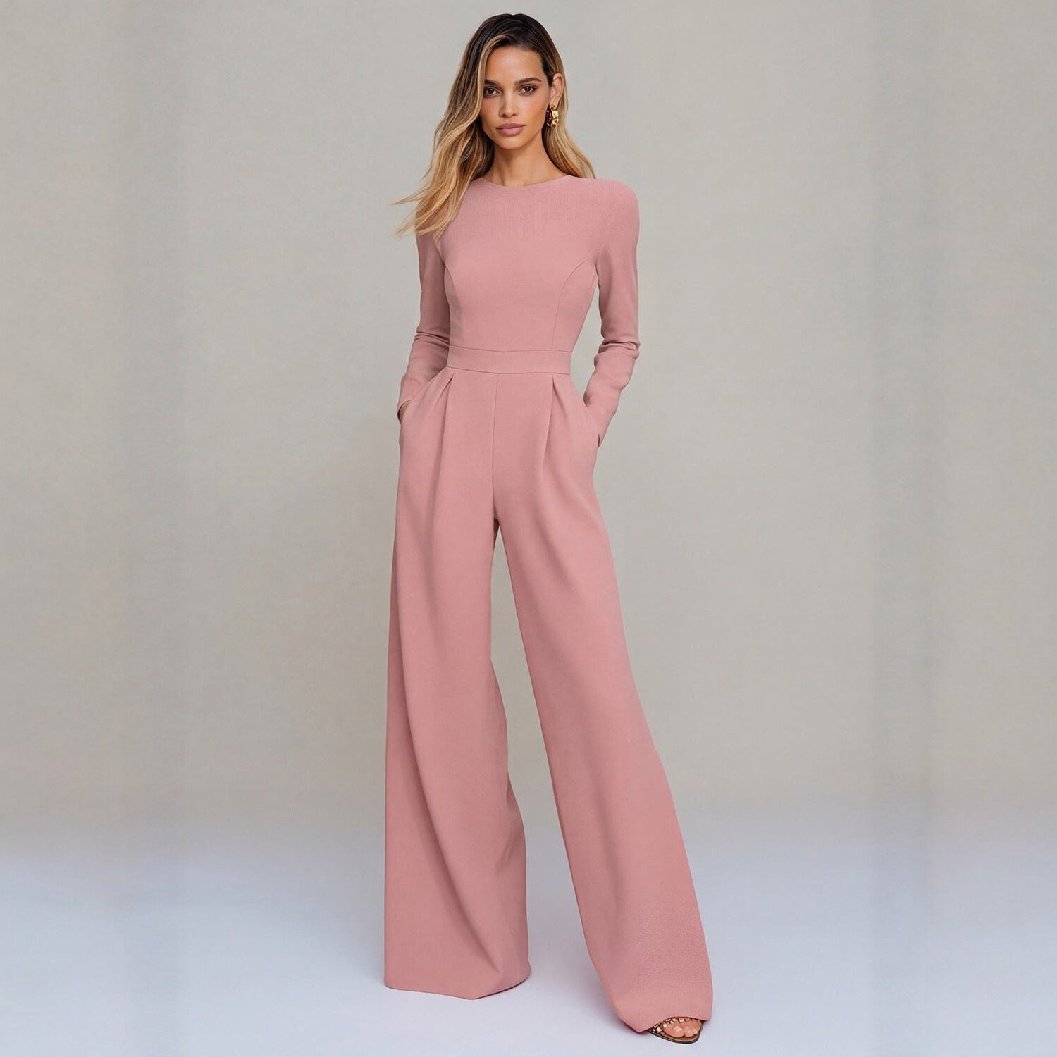Chic Long-Sleeve Waist-Cinching Wide-Leg Jumpsuit