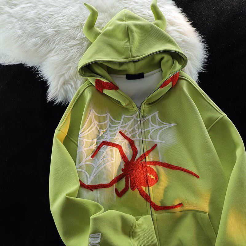 Women's Spider Print Zip-Up Hoodie Jacket