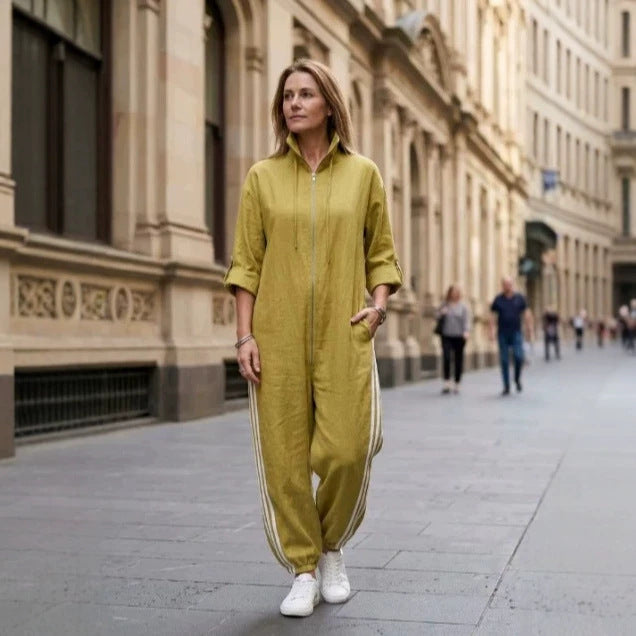 Color-Block Striped Zip-Up Jumpsuit