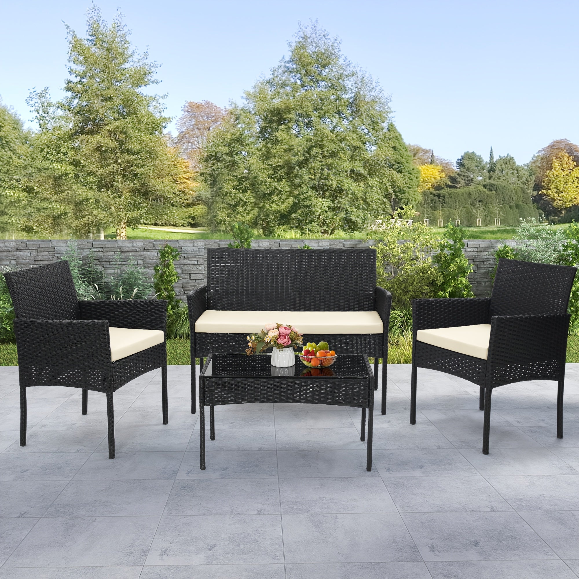 KROFEM 4pcs Bistro Conversation Rattan Furniture Set, Designed for Casual Worry Free Outdoor Living, Premium Quality Sofa, 2 Chairs And Sofa Loveseat with Cushions Plus Glass Top Coffee Table, for Patio, Porch, Or Balcony