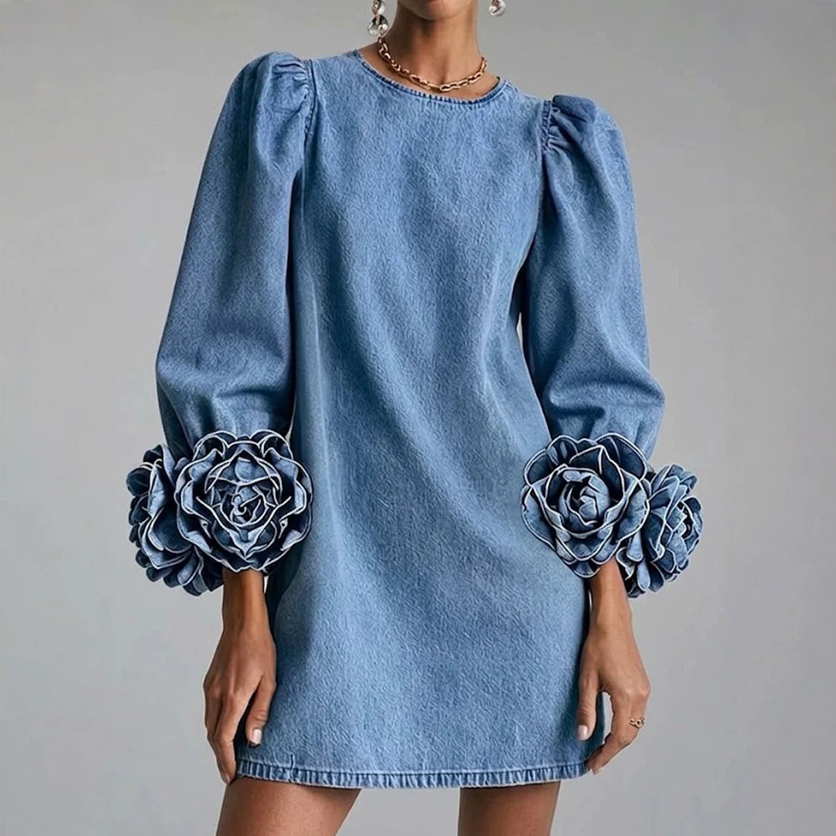 Three-dimensional Rose Cuff Puff-sleeve Denim-look Dress