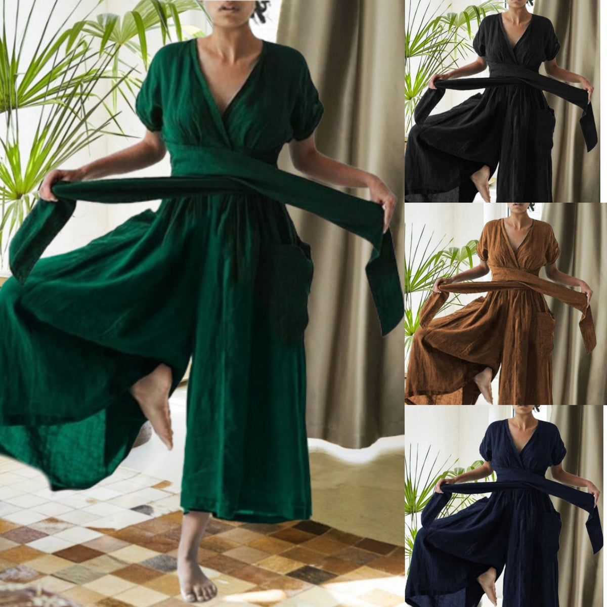 V-Neck Solid Loose Casual Wide Leg Jumpsuit
