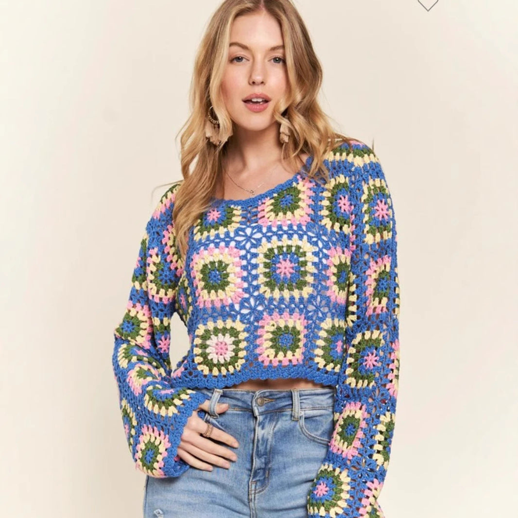 Multi-color Blocks Hollow Ethnic Style Bandage Dress Ladies Loose Pullover Top