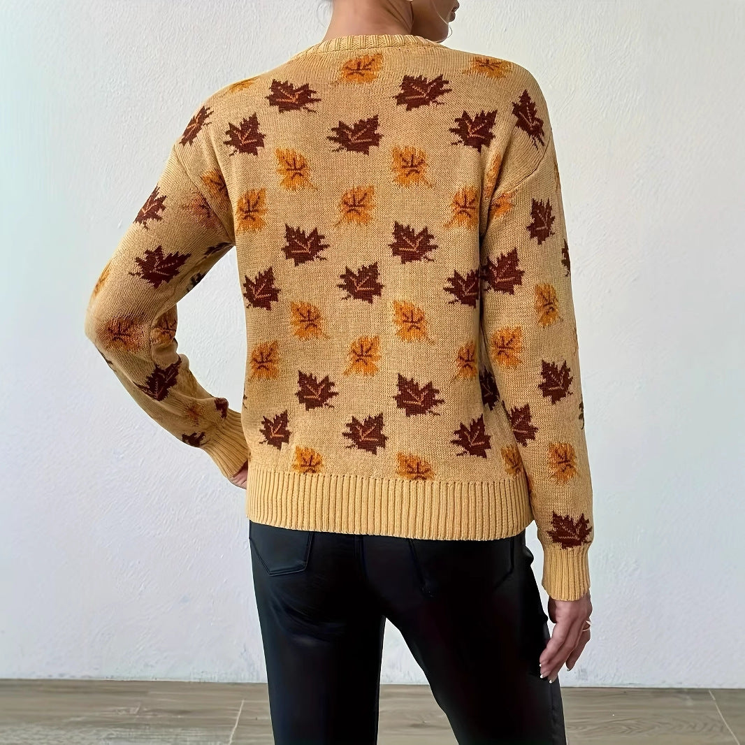 Maple Leaf Round Neck Loose Woolen Pullover Top