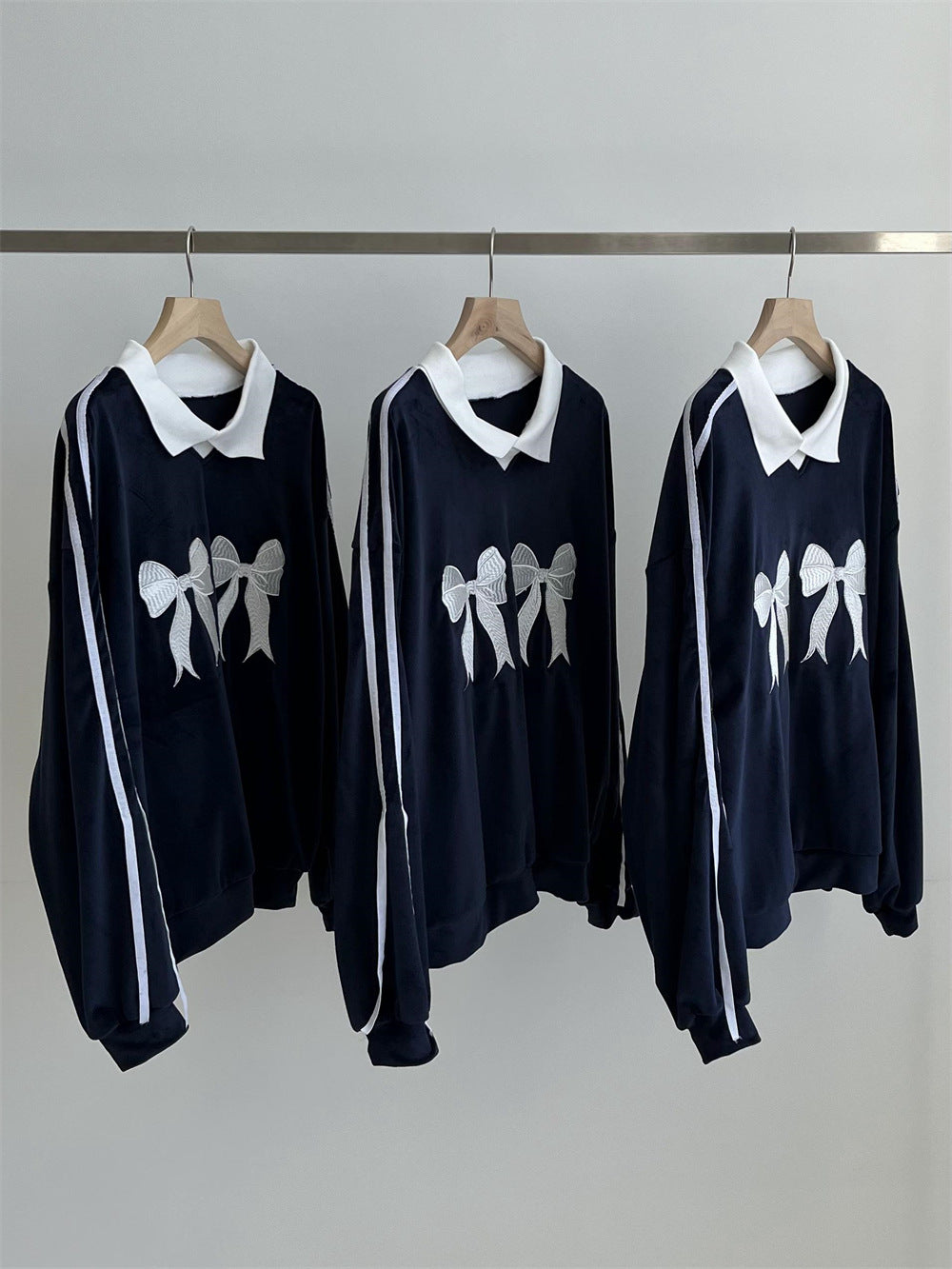 Retro Bow Embroidered Striped Contrast Knit Sweater
