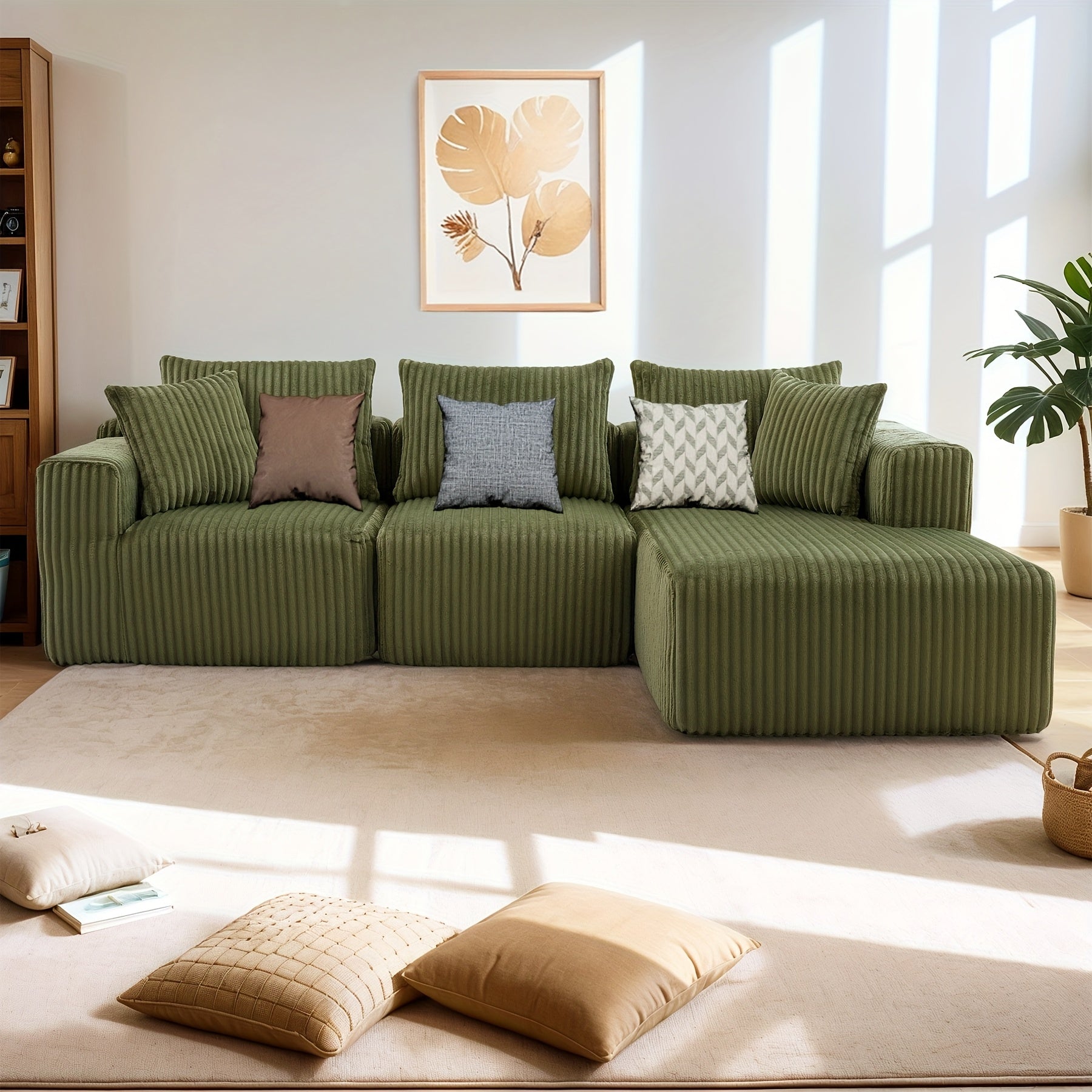 Modular L-shaped chaise longue sofa bed with deep seat and corduroy upholstery