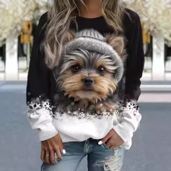 Cute 3D Animal Print Round Neck Casual Sweater