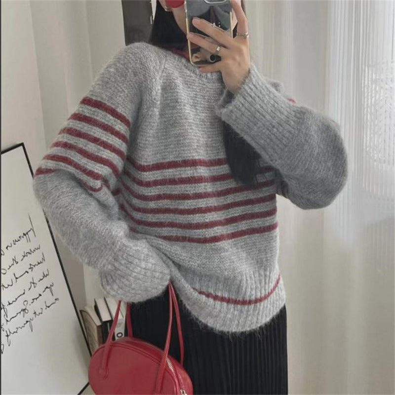 Autumn and Winter Korean Retro Contrast Color Stripes Idle Style Crew Neck Pullover Sweater