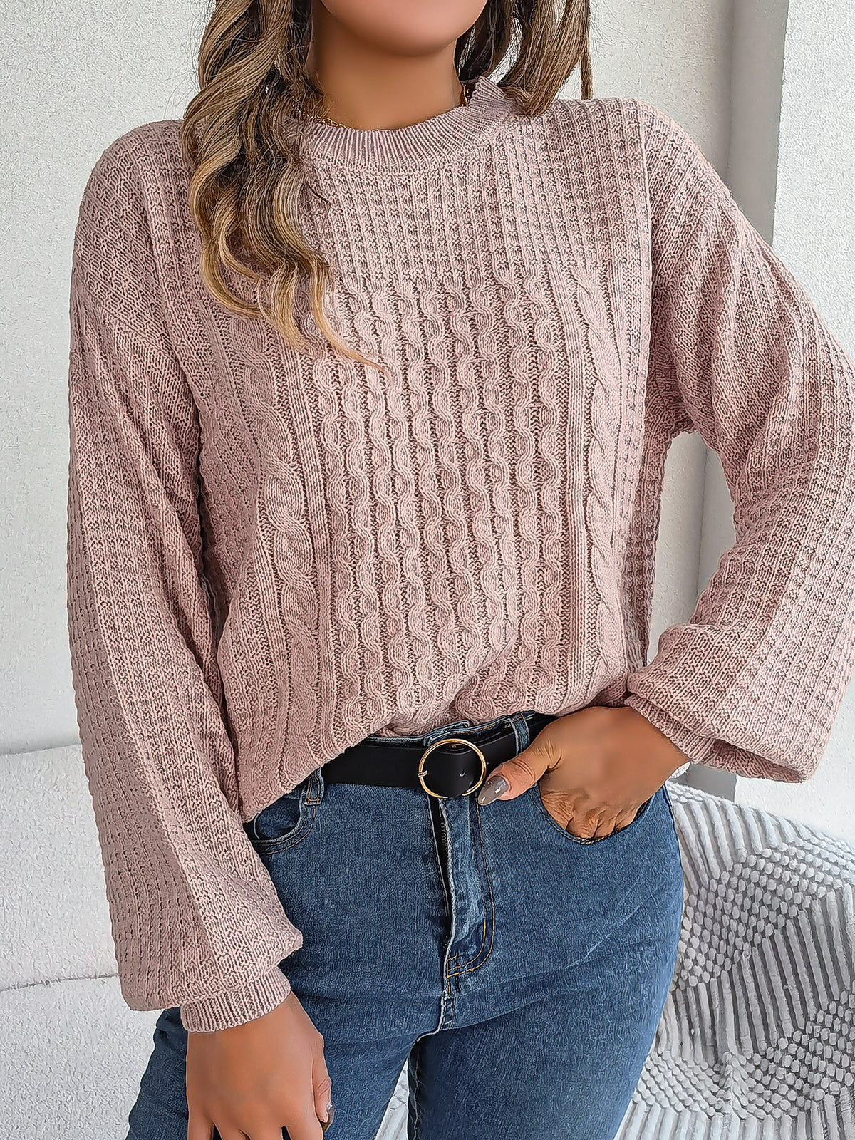 Women's Cable-knit Lantern-sleeve Pullover Sweater