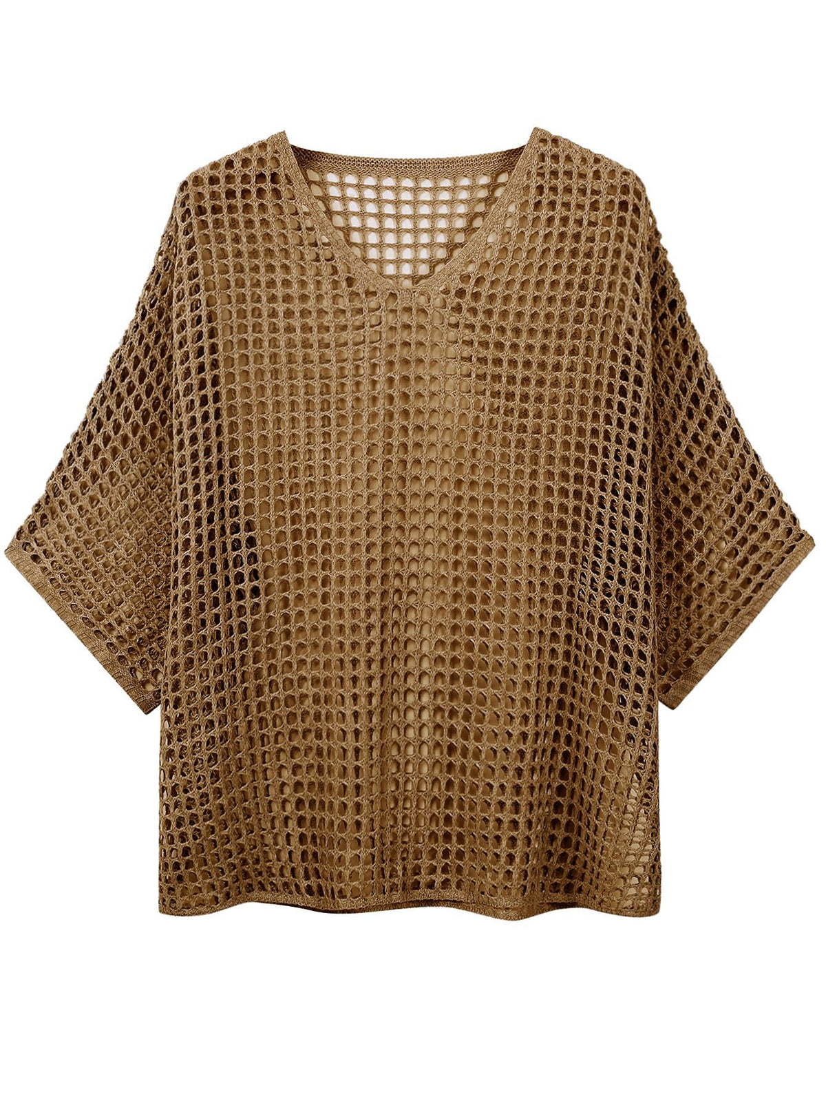 V Neck Hollow Out Knit Tunic Top Batwing Half Sleeve Loose Mesh Cover Up
