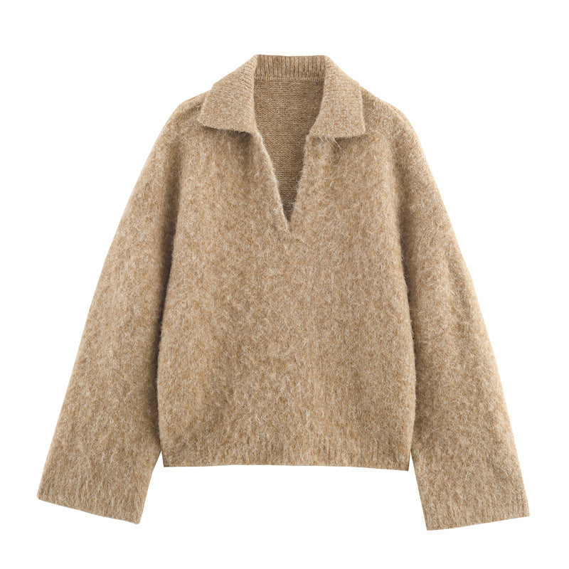 Polo Collar Soft and Versatile Design Sense Sweater for Women