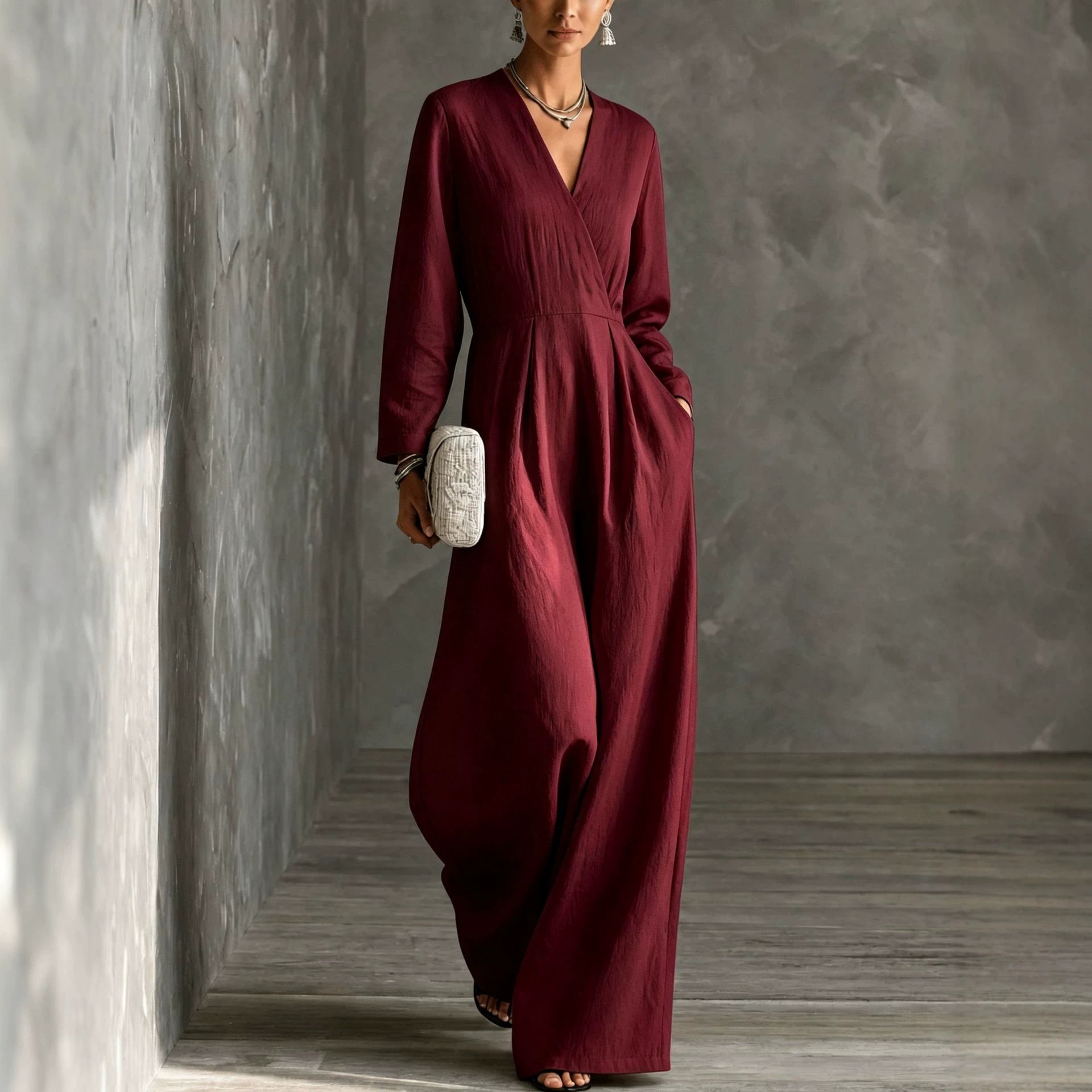 Chic V-Neck Long-Sleeve Wide-Leg Jumpsuit