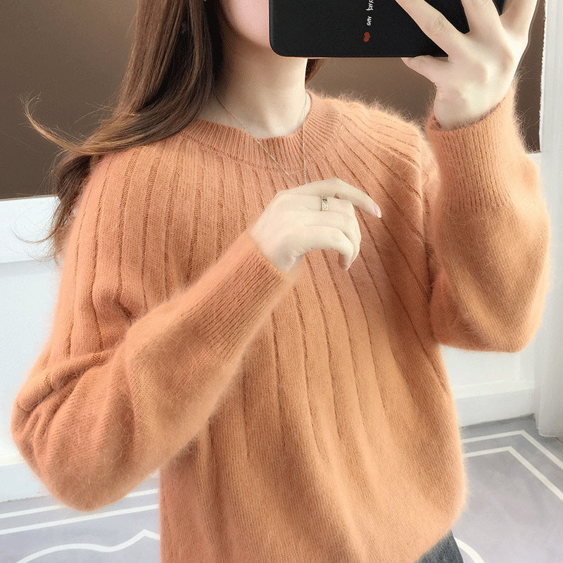 Womens Solid Color Short Pullover with Round Neck Loose Fitting Outerwear and Base Layer Knit Top