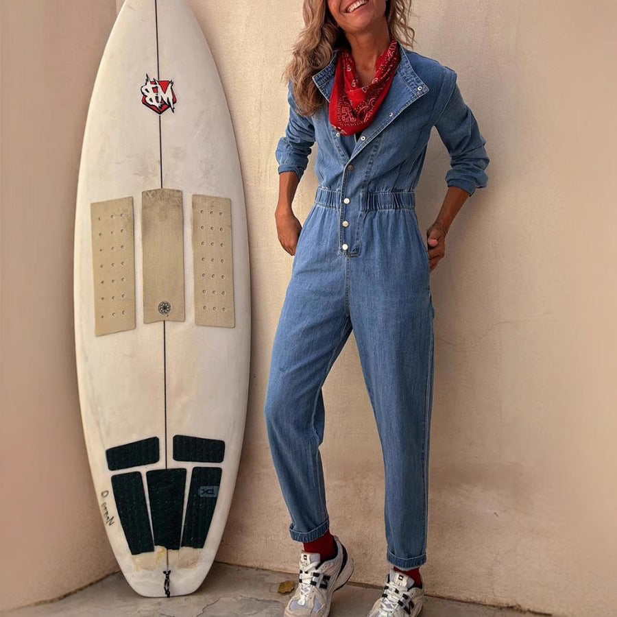 Washed Denim Utility Jumpsuit with Pockets