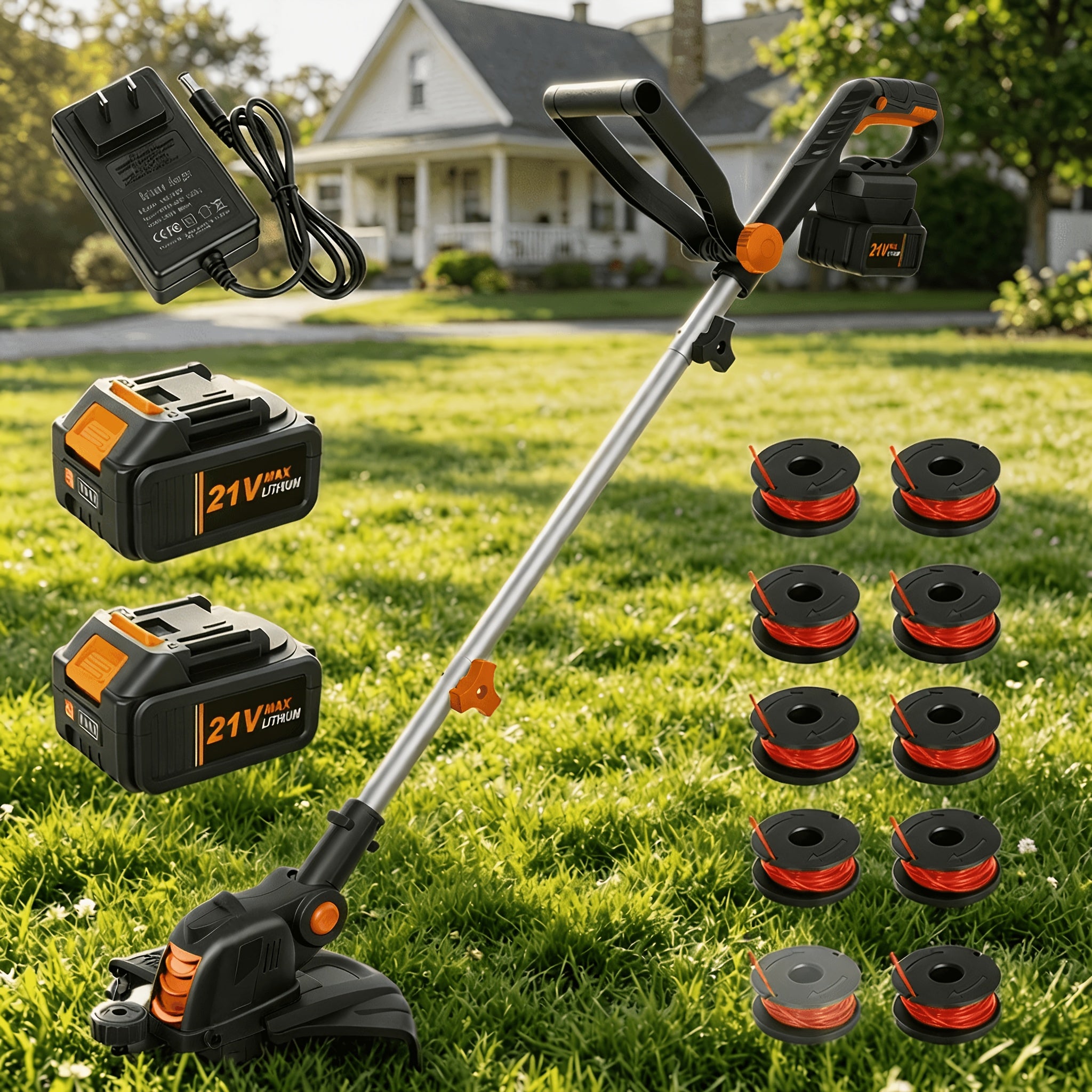 12-Inch Yellow Cordless String Trimmer Grass Trimmer 90 Degree Rotatable Head Auto Line Feed System Includes 10 Replacement Spools with Auto Line Feed for Lawn 2 X 2.0/4.0Ah Battery