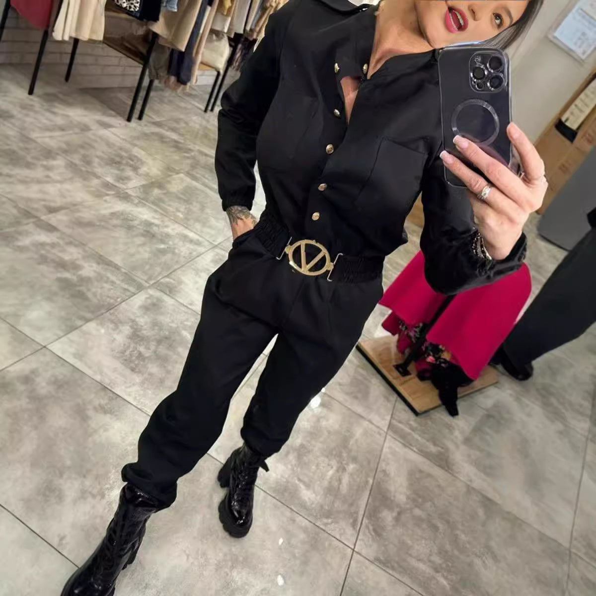 Women's Casual Long Sleeve Shirt Jumpsuit with Waist Control
