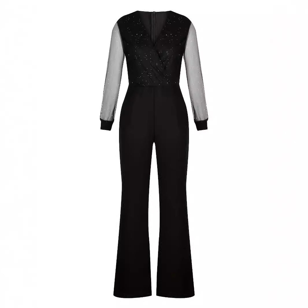 Fashion Slim-fit Solid Color V-neck Mesh Stitching High Waist Pocket Jumpsuit