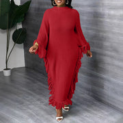 Casual Tassel Mock-neck Raglan-sleeve Asymmetrical Dress
